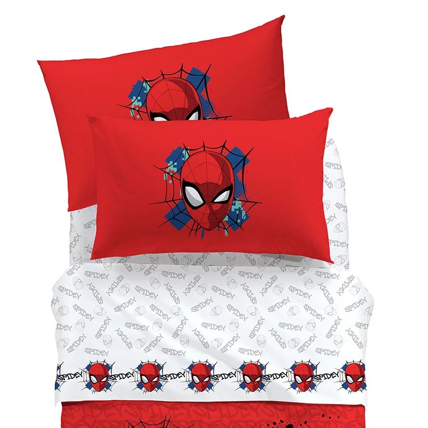 Completo lenzuola Caleffi Spiderman Red, in puro cotone per letto singolo. Fantasia con Spiderman su fondo rosso e bianco. ideale per bambini e ragazzi