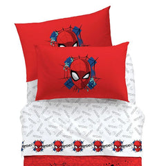 Completo lenzuola Caleffi Spiderman Red, in puro cotone per letto singolo. Fantasia con Spiderman su fondo rosso e bianco. ideale per bambini e ragazzi