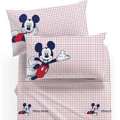 Completo lenzuola Topolino Caleffi Disney. Fantasia a righe rosse su fondo bianco, con topolino.