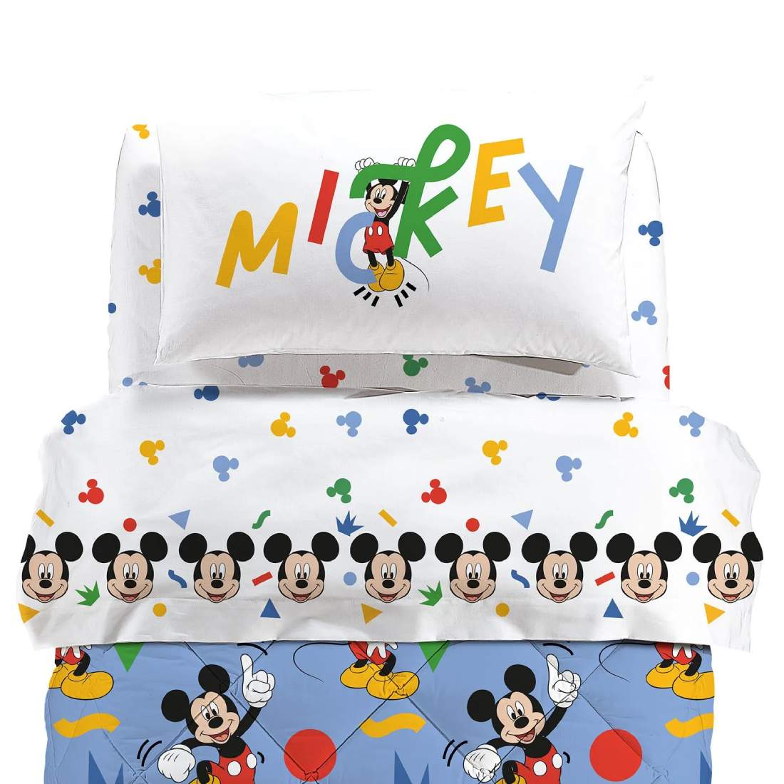 Completo lenzuola Mickey Colors con Topolino, in puro cotone per letto singolo e piazza e mezza. Linea Caleffi Disney. Ideale per i tuoi bambini. Fantasia colorata con topolino e varie forme geometriche