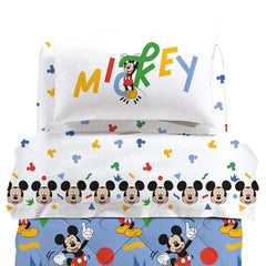 Completo lenzuola Mickey Colors con Topolino, in puro cotone per letto singolo e piazza e mezza. Linea Caleffi Disney. Ideale per i tuoi bambini. Fantasia colorata con topolino e varie forme geometriche