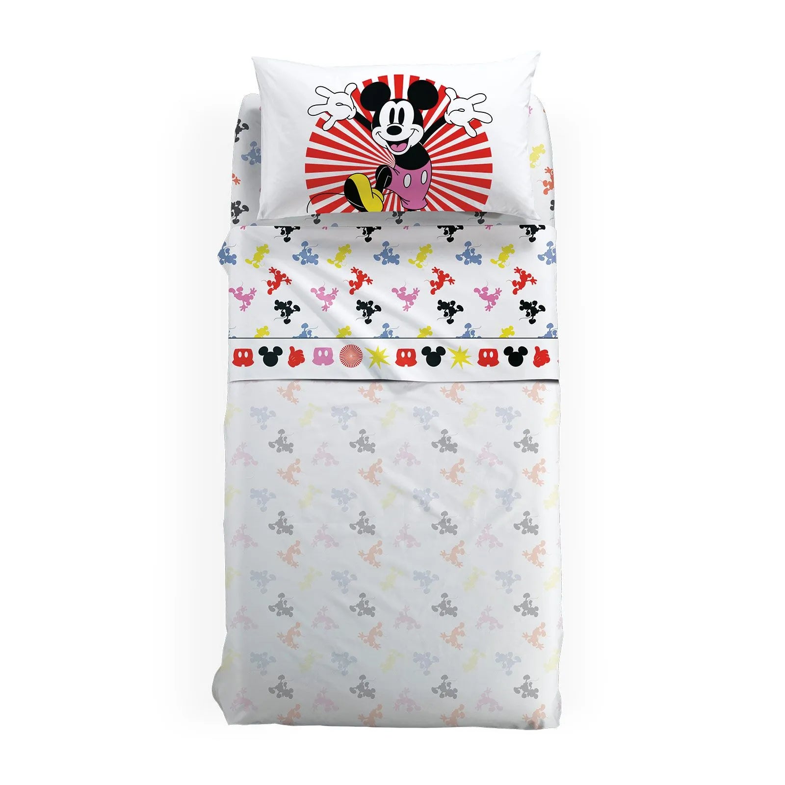 Completo lenzuola Mickey Fantasy con Topolino, in puro cotone per letto singolo e piazza e mezza. Linea Caleffi Disney. Ideale per i tuoi bambini. Fantasia con topolino sulla federa e varie sagome colorate di topolino sul resto del lenzuolo.