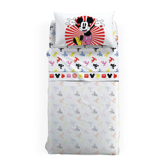 Completo lenzuola Mickey Fantasy con Topolino, in puro cotone per letto singolo e piazza e mezza. Linea Caleffi Disney. Ideale per i tuoi bambini. Fantasia con topolino sulla federa e varie sagome colorate di topolino sul resto del lenzuolo.