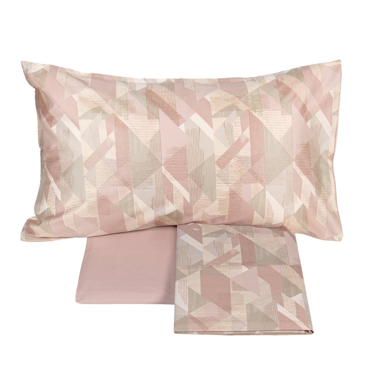 Lenzuolo copriletto matrimoniale Fazzini Symphonic, in percalle di puro cotone. Il completo lenzuola Symphonic presenta una moderna fantasia geometrica colore rosa. La fantasia è presente sulla faccia superiore delle federe e sul lenzuolo di sopra. Anche la balza del lenzuolo di sopra è stampata, essendo un lenzuolo copriletto. Il resto del completo è in percalle di cotone tinta unita rosa