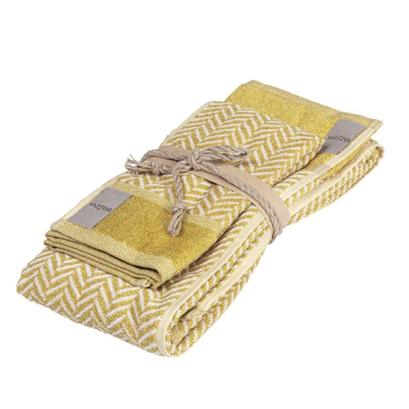 Coppia asciugamani Fazzini Chevron, in spugna di puro cotone tinta in filo. Asciugamani con fantasia a righe. Colore giallo senape