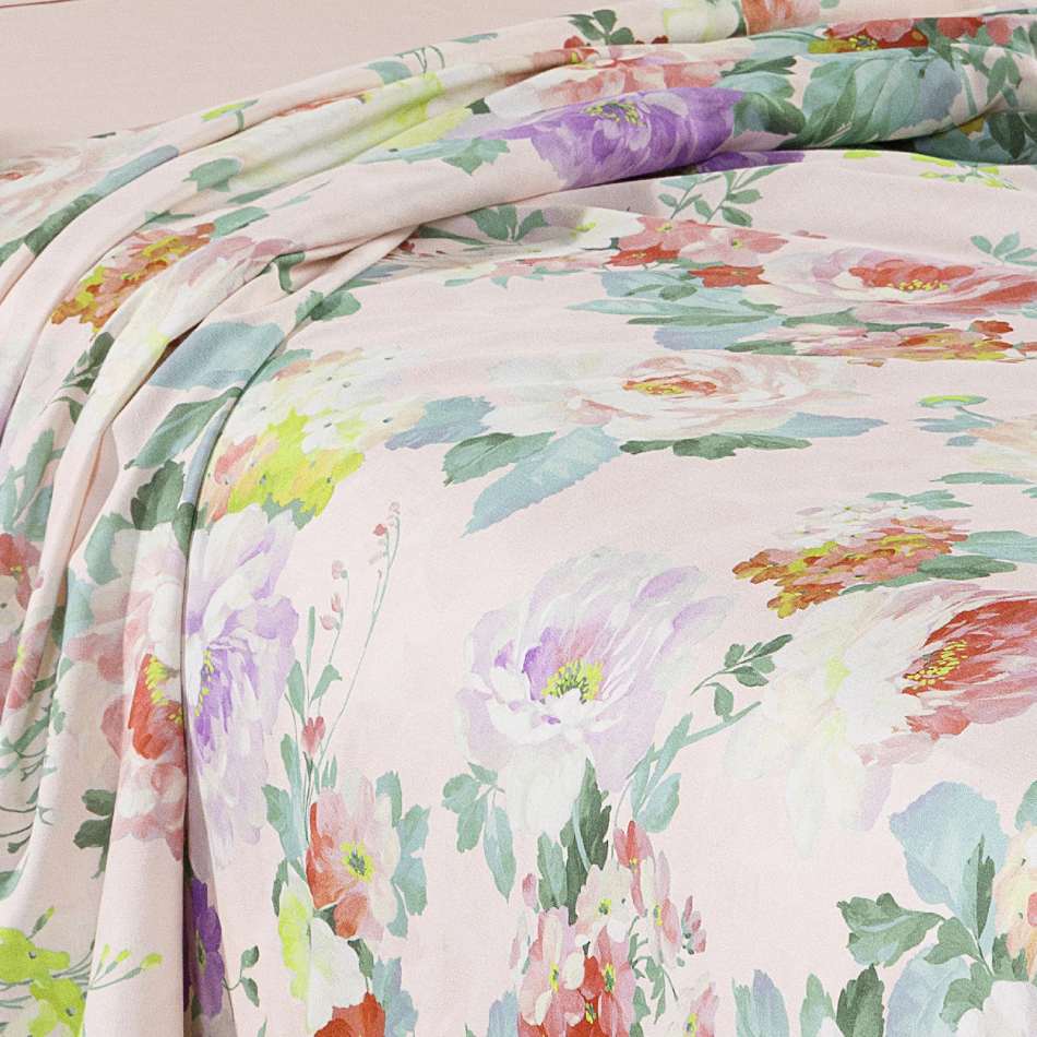 Copriletto Caleffi Giardino, in panama di puro cotone con stampa digitale.Vivace ma delicata fantasia con fiori di vari colori su fondo avorio. Coperta estiva per letto matrimoniale