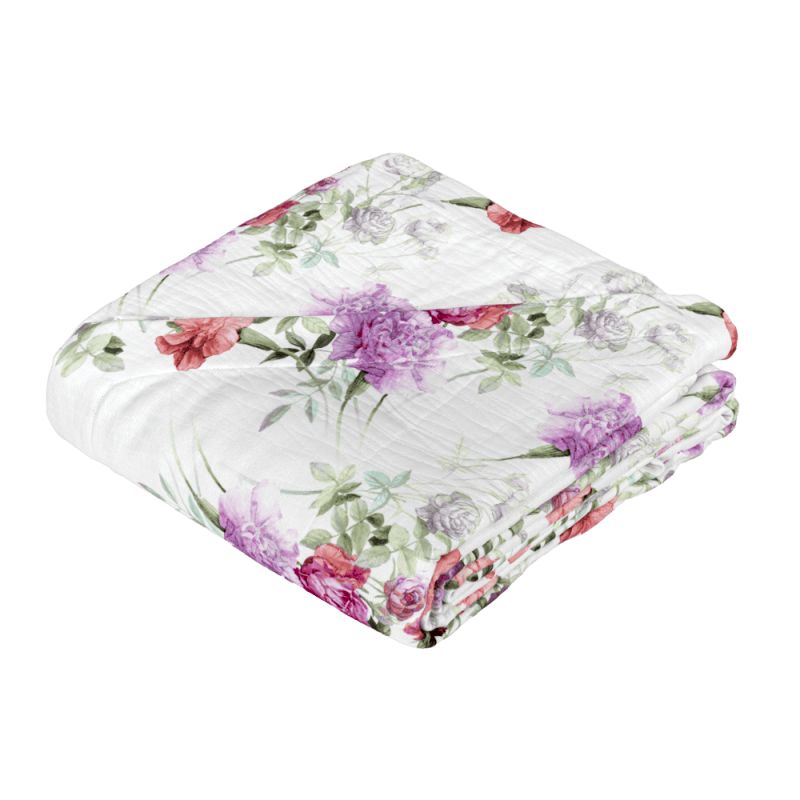 Il copriletto Summer è la nuova coperta estiva di Fazzini, in piquet di puro cotone. La fantasia del copriletto Summer ritrae una distesa lussureggiante di garofani. Il disegno romantico e vivido dei fiori decora la faccia superiore della coperta. Colore bianco e rosa. Piquet di puro cotone stampato in digitale ad alta risoluzione. Rifinito a mano con angoli sagomati.