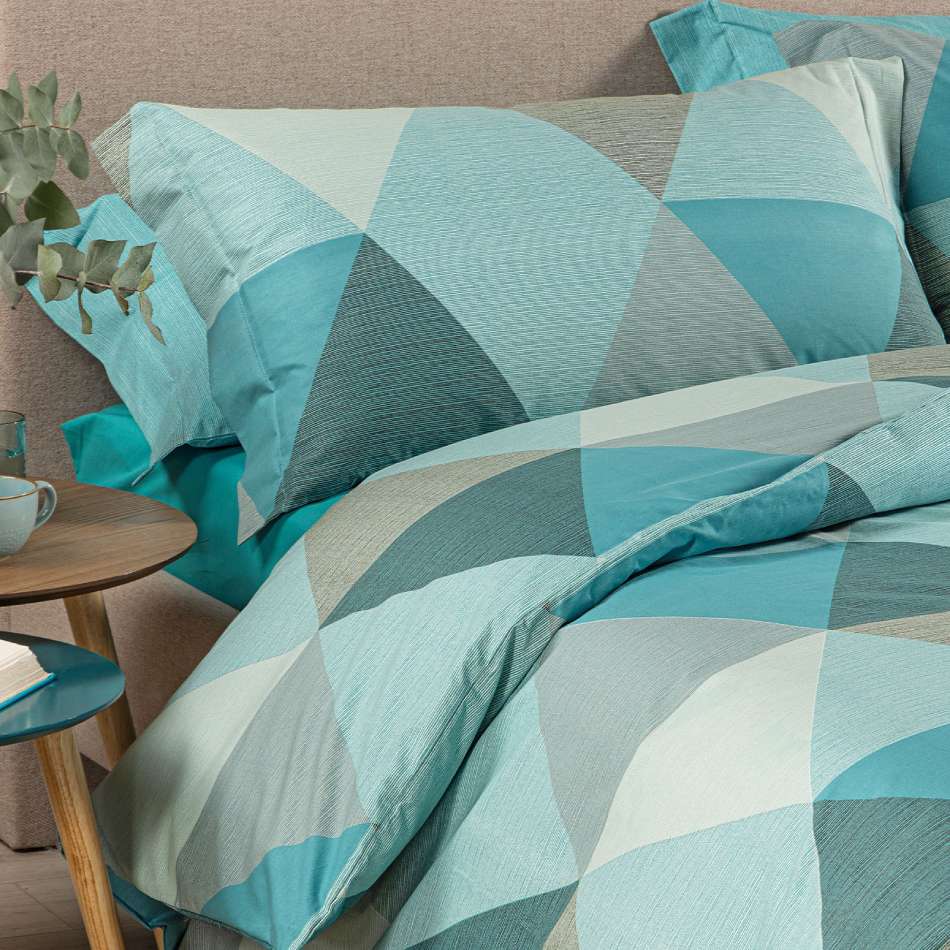 Copripiumino Caleffi Londra in cotone, fantasia geometrica anice azzurro.