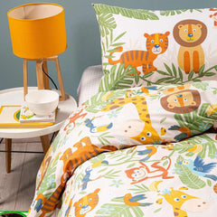 Parure Copripiumino Tropical in cotone. Fantasia con animali su fondo beige. Letto singolo.