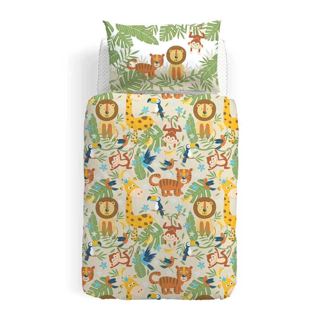 Parure Copripiumino Tropical in cotone. Fantasia con animali su fondo beige. Letto singolo.