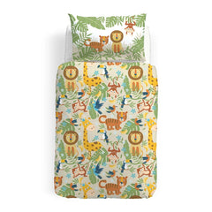 Parure Copripiumino Tropical in cotone. Fantasia con animali su fondo beige. Letto singolo.