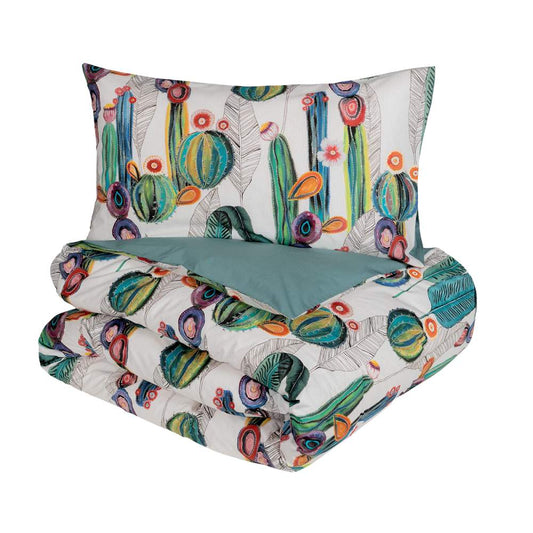 Copripiumino Fazzini Frida matrimoniale. Fantasia cactus e fiori. Retro verde petrolio.