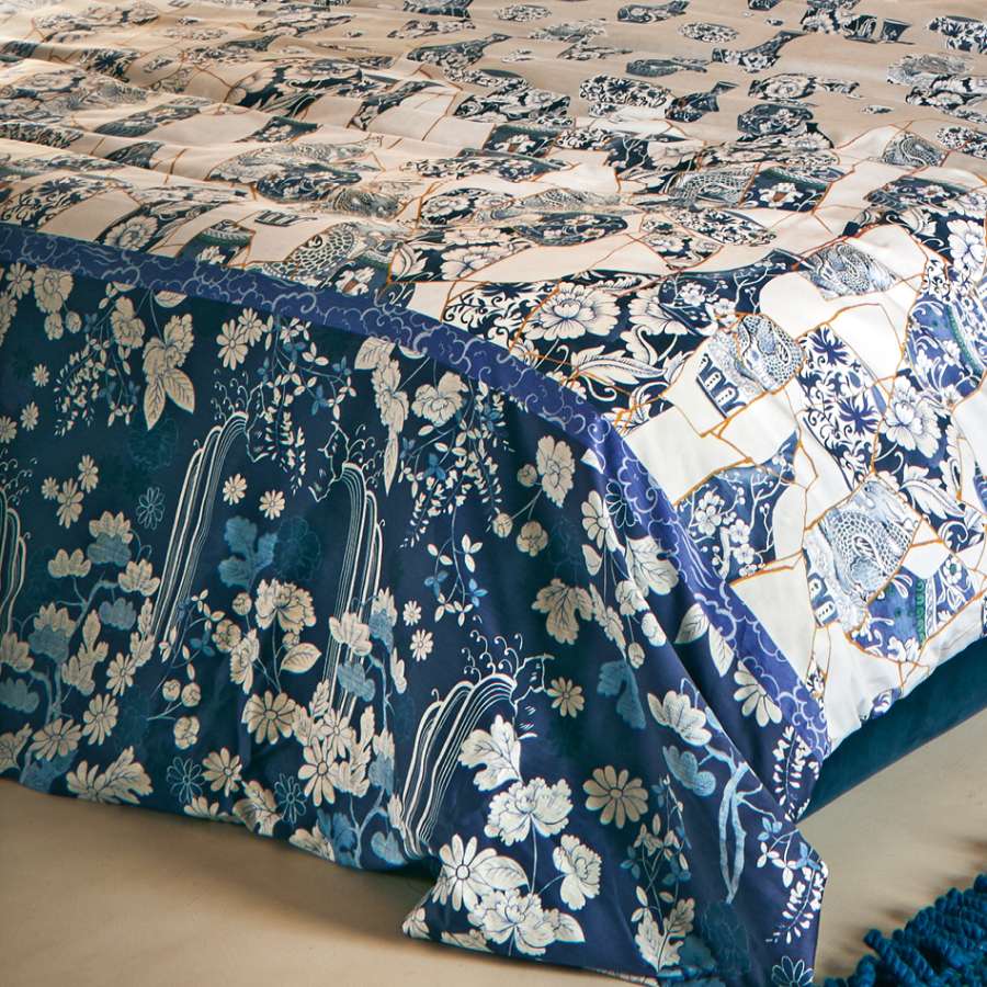 copripiumino fazzini kintsugi matrimoniale. fantasia bianco blu oro moderna floreale
