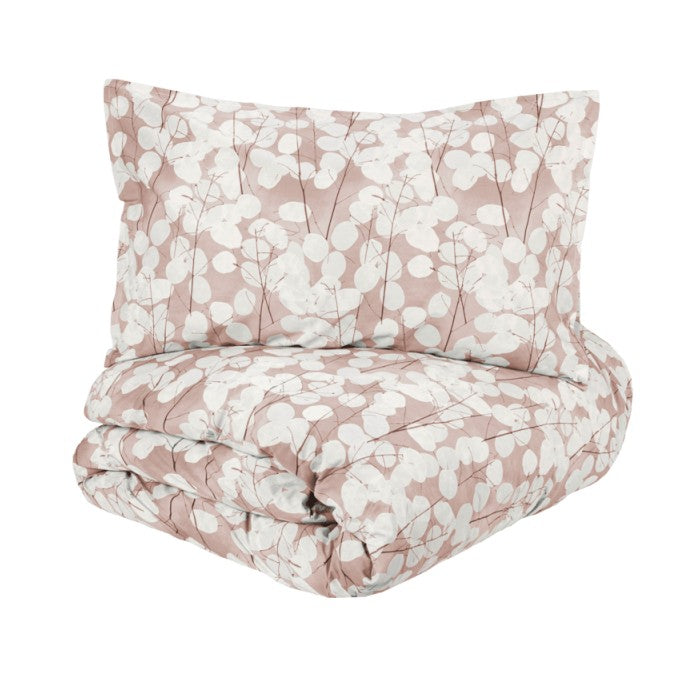 Copripiumino matrimoniale Fazzini Lunaria, in percalle di puro cotone. Il copripiumino Lunaria presenta una fantasia floreale dallo stile moderno, con fiori chiari su fondo rosa. Il set include un sacco copripiumino e due federe