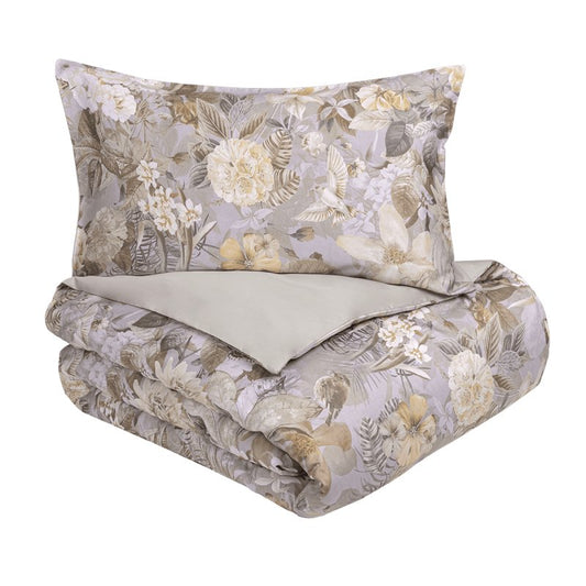 Copripiumino Fazzini Protea matrimoniale. Fantasia con fiori chiari su fondo grigio. In raso di cotone