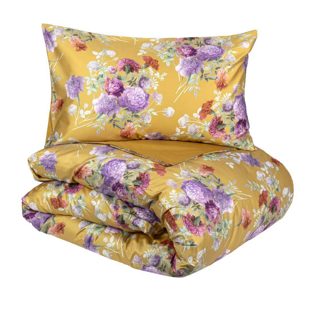 Copripiumino matrimoniale Fazzini Summer, in raso di puro cotone 300 TC. La meraviglia inconsueta e misteriosa del garofano ispira la vivace collezione Summer. Il disegno romantico e vivido dei fiori decora le federe e la faccia superiore del sacco copripiumino, entrambe in raso di cotone. Il retro del sacco copripiumino è in raso di cotone tinta unita ocra