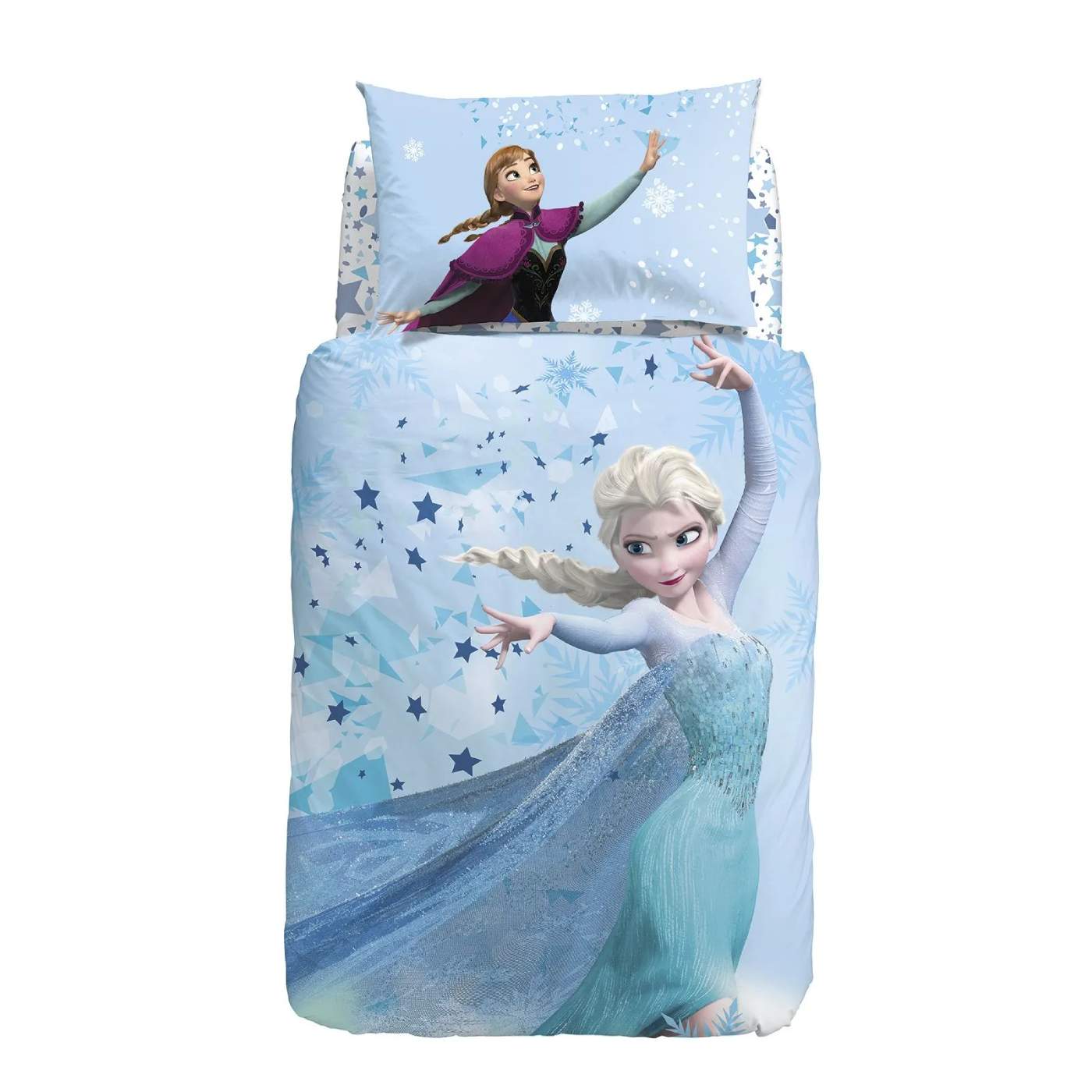 Completo Copripiumino Frozen Dream in puro cotone per letto singolo. Linea Caleffi Disney. Copripiumone per bambina con fantasia grande piazzata su fondo azzurro, con Elsa e Anna del film Disney Frozen. La federa è double face, mentre il lenzuolo con angoli presenta una fantasia con stelle azzurre su fondo bianco.