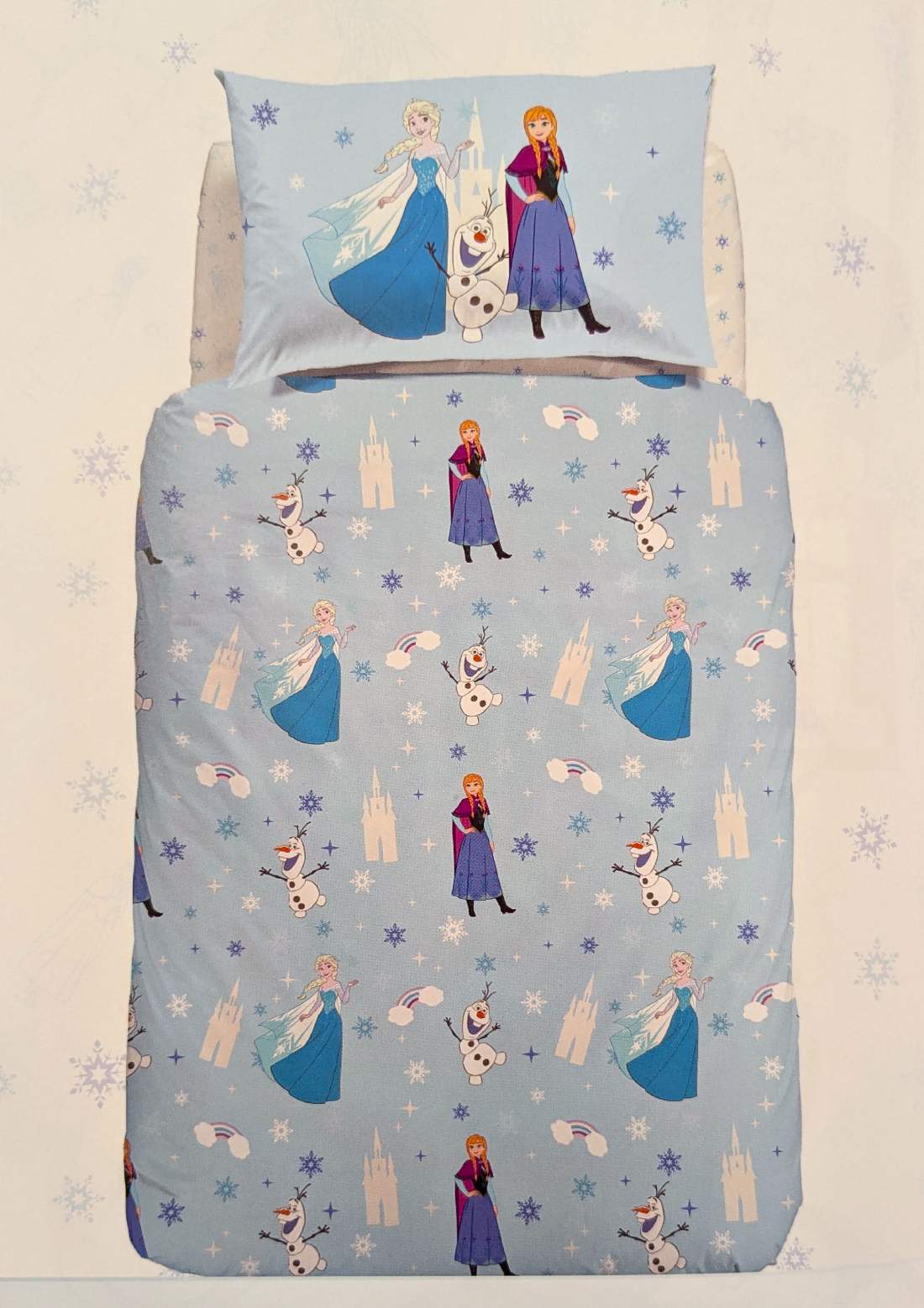 Completo Copripiumino Frozen Star Caleffi Disney in cotone Caleffi Disney. Fantasia azzurra con Elsa, Anna e Olaf.