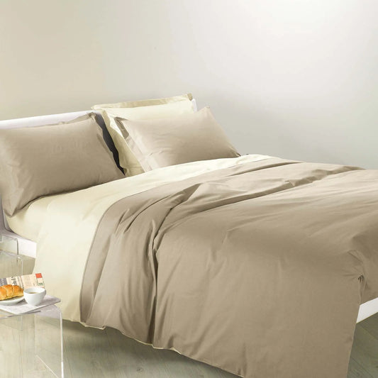Completo Copripiumino Caleffi Bicolor matrimoniale in puro cotone tinta unita. Colore naturale beige.