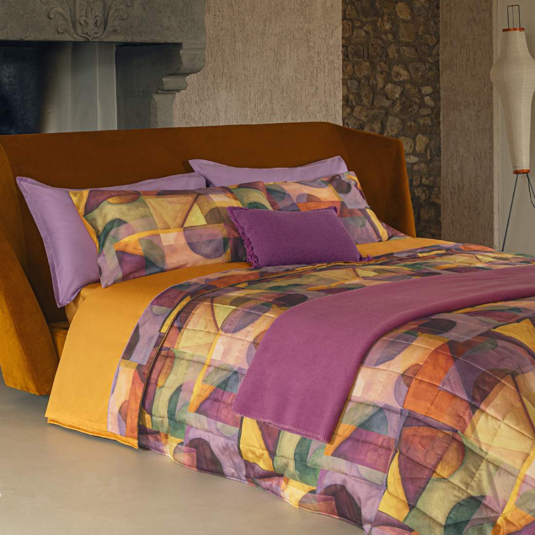 Copripiumino matrimoniale Fazzini Paracas in percalle di cotone fantasia geometrica malva zucca