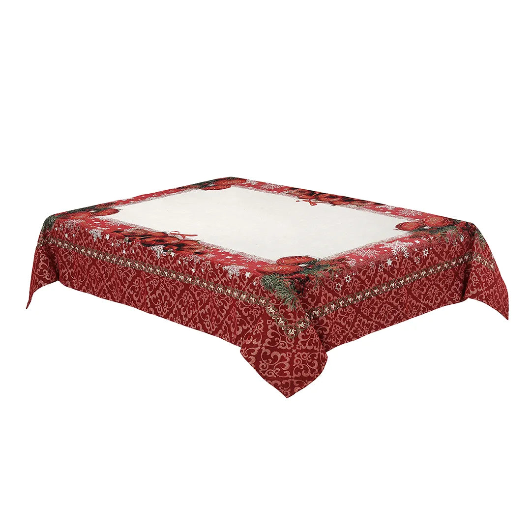 Copritavolo Natalizio Special di Emily Home, in tessuto Gobelin. Misura rettangolare x12 (140x260 cm) Il copritavolo Special presenta un'ampia cornice rossa, attraversata da un pattern decorativo a contrasto. Sui bordi del piano tavola color crema, sono presenti sfere natalizie rosse.