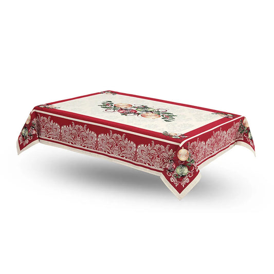 Copritavolo Natalizio Sweet Red Christmas di Emily Home, in tessuto Gobelin. Misura rettangolare x12 (140x260 cm) Il copritavolo Red Christmas è caratterizzato da una cornice rossa con impresso un motivo a ricamo color crema, con decorazioni natalizie sugli angoli. Il piano tavola presenta invece un fondo chiaro con motivo damascato, su cui da cornice a tutta la tovaglia. Al centro è presente una decorazione con rami di agrifoglio e sfere rosse e dorate.