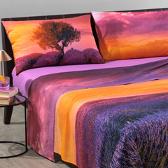 Lenzuolo Copriletto Caleffi Lavender Sunset, fantasia con un campo di fiori di lavanda e tramonto