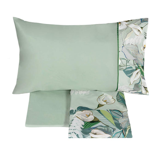 lenzuolo copriletto Fazzini Calle. Fantasia con calle e foglie su fondo verde.