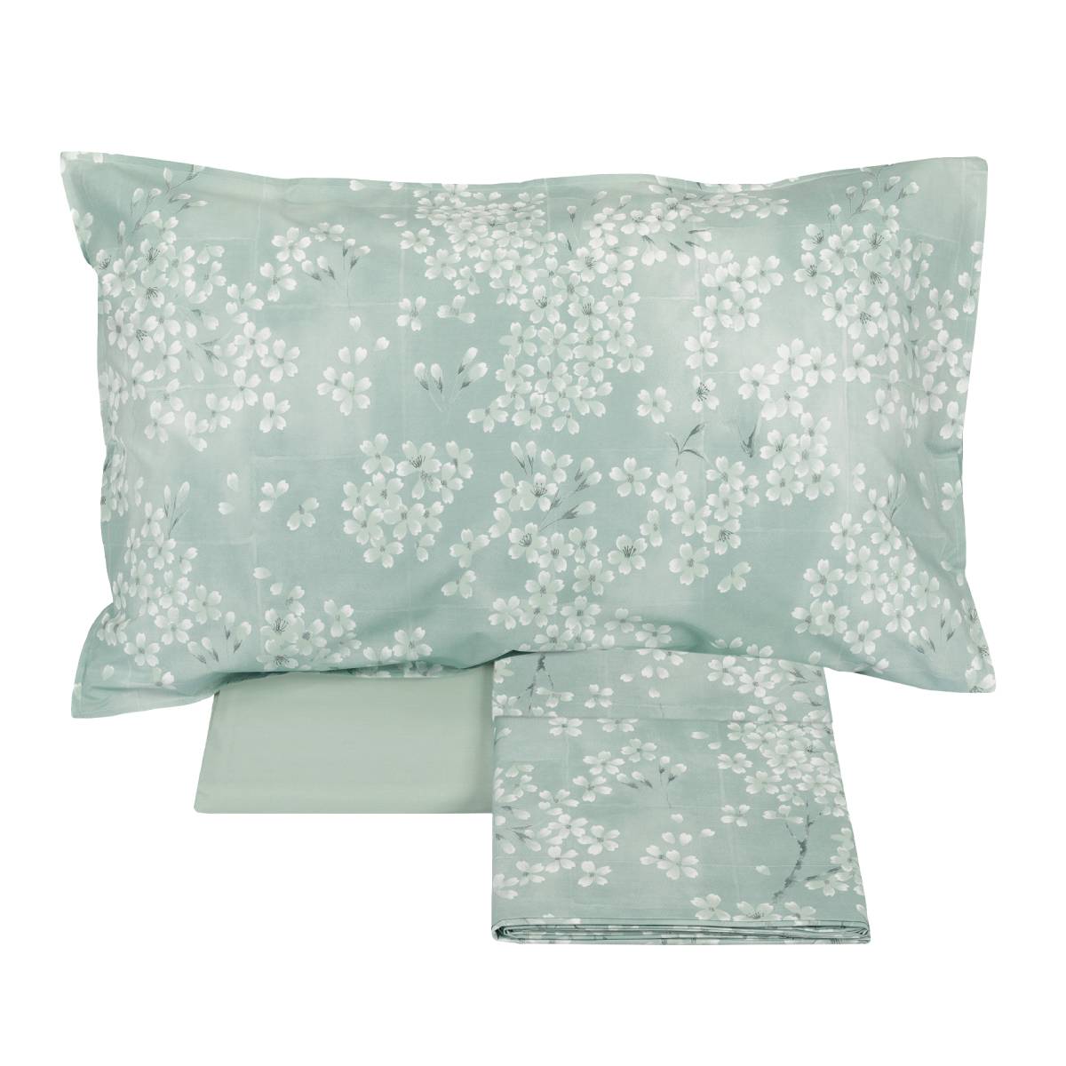 Lenzuolo Copriletto matrimoniale Fazzini Kimono in percalle di puro cotone. Il lenzuolo di sopra e le federe con quattro volanini sono in percalle di puro cotone stampato. Anche il risvolto del lenzuolo è stampato. Fantasia floreale con fiorellini bianchi su fondo verde acqua