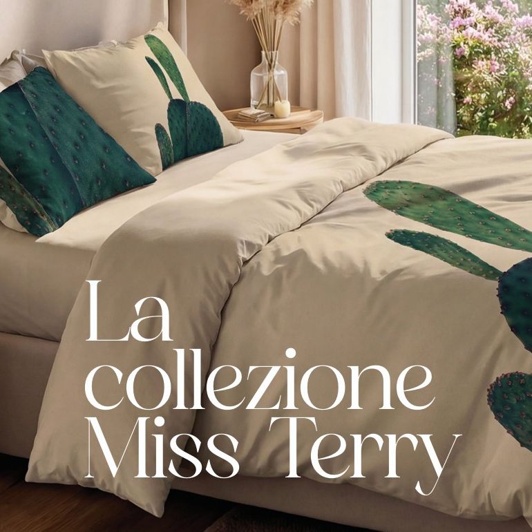 lenzuolo copriletto cactus miss terry. fantasia con cactus su fondo beige.