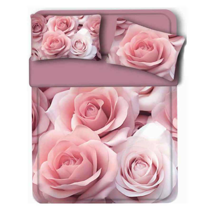 Lenzuolo copriletto matrimoniale Ofelia di Miss Terry Biancaluna. Il completo lenzuola Ofelia è in 100% puro cotone ed è stampato in digitale ad alta definizione.Le federe e il lenzuolo di sopra presentano una fantasia floreale con rose dal colore delicato. Il lenzuolo con angoli e la balza del lenzuolo di sopra sono in tinta unita color lilla.