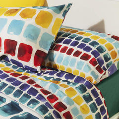 Lenzuolo copriletto Palette Fazzini. Fantasia geometrica a quadrettoni con colori vivaci (giallo, rosso, blu)