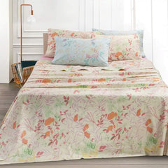 lenzuolo copriletto Somma giorgia fantasia con fiori arancio e rosa su fondo beige