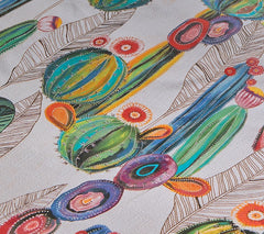 lenzuolo frida fazzini. Dettaglio fantasia cactus e fiori su fondo beige