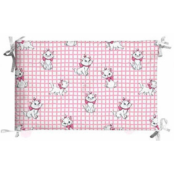 paracolpi culla caleffi disney aristogatti. Fantasia con gattina Minou su fondo bianco e rosa.