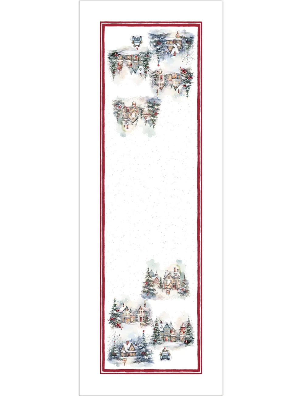 Corsia natalizia Frozen di Tessitura Randi.
Runner fantasia con paesaggio natalizio: case innevate e abeti addobbati su fondo chiaro. Il tutto racchiuso in una cornice di colore rosso.