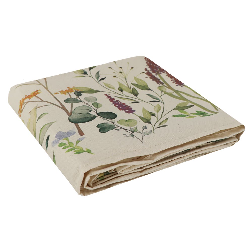 Tovaglia Gabel Eden in panama di puro cotone con stampa digitale. Fantasia con fiori dai toni delicati su fondo panna/beige. misura rettangolare per 6 (150x180 cm), per 8 (150x220 cm) e per 12 persone (150x270 cm).