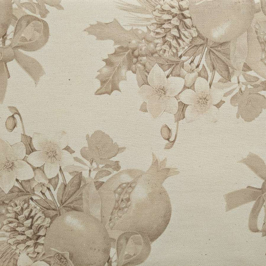 Tovaglia natalizia Melograni di Gabel-Vallesusa. Tovaglia in fantasia floreale tono su tono, con melograni e fiori su fondo tortora.