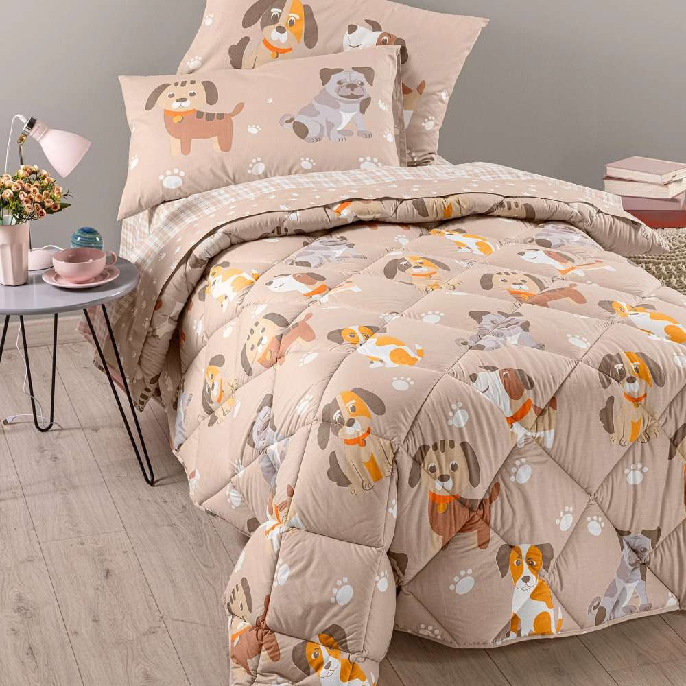 Trapunta invernale Caleffi Cuccioli in puro cotone, fantasia con simpatici cagnolini su fondo beige. Piumone per letto singolo e piazza e mezza.