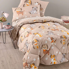 Trapunta invernale Caleffi Cuccioli in puro cotone, fantasia con simpatici cagnolini su fondo beige. Piumone per letto singolo e piazza e mezza.