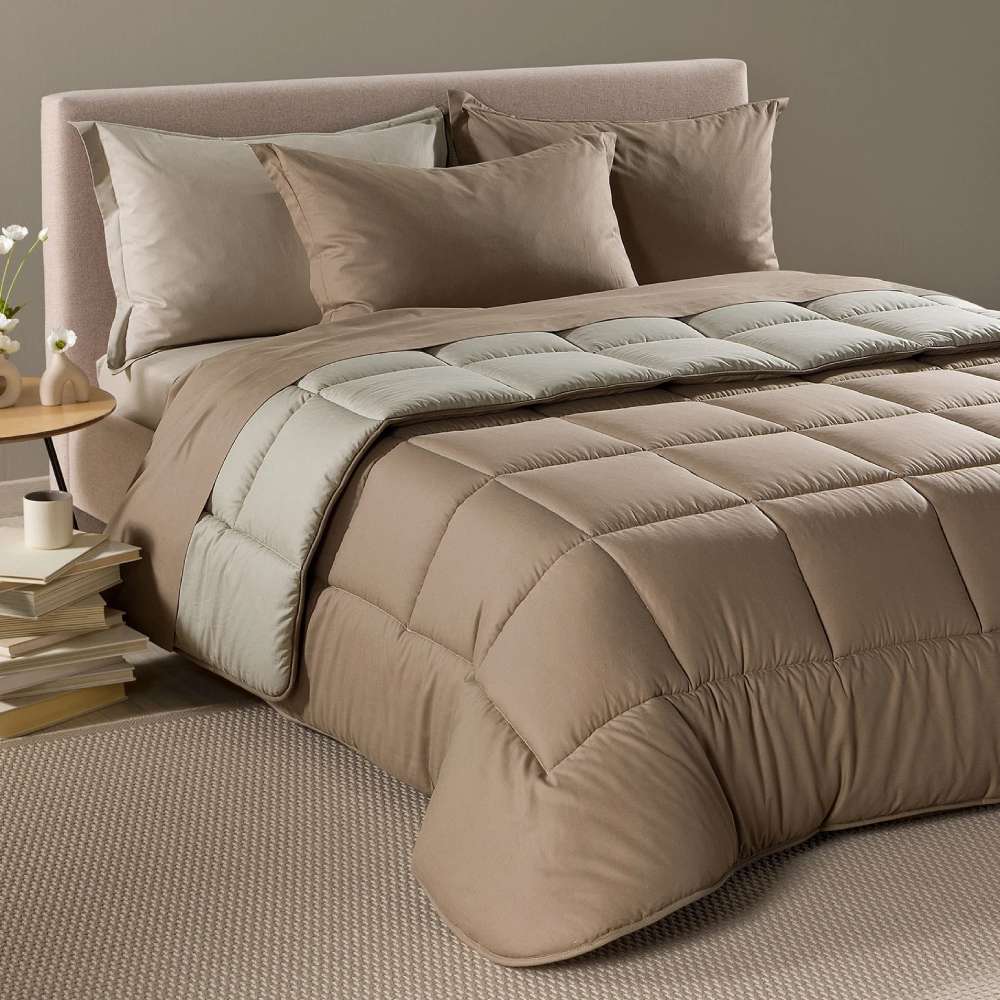 Trapunta invernale matrimoniale Caleffi Vita. piumone tinta unita double face tortora in cotone e Lyocell