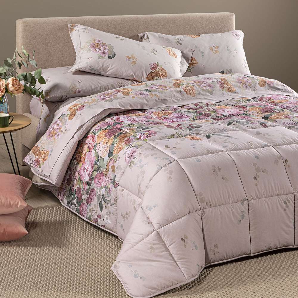 piumone caleffi matrimoniale ikebana in cotone fantasia con fascia di fiori rosa e arancio su fondo beige