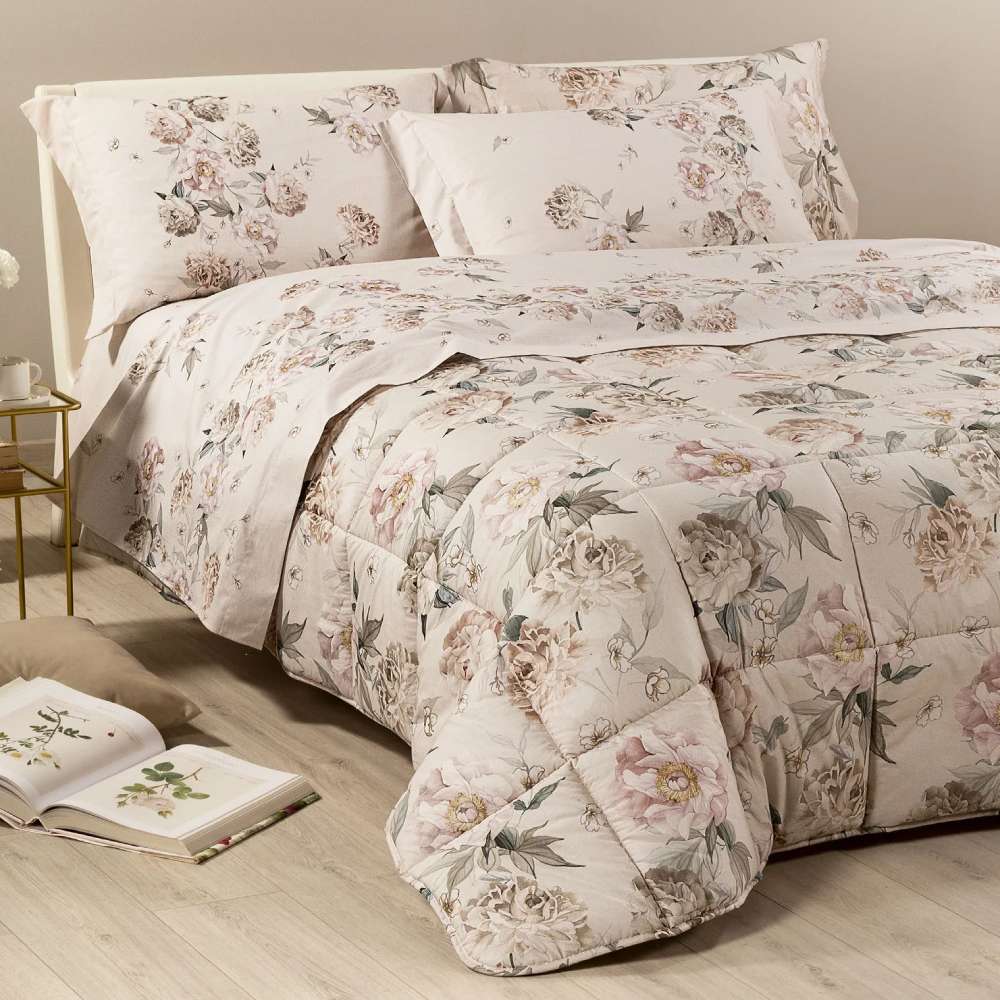 Piumone matrimoniale caleffi in cotone, fantasia fiori chiari su fondo beige