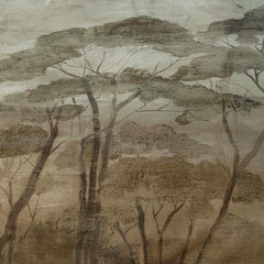 Trapunta invernale matrimoniale Fazzini Nemora, in raso di cotone. dettaglio fantasia torrone beige con natura e alberi stile acquerello.