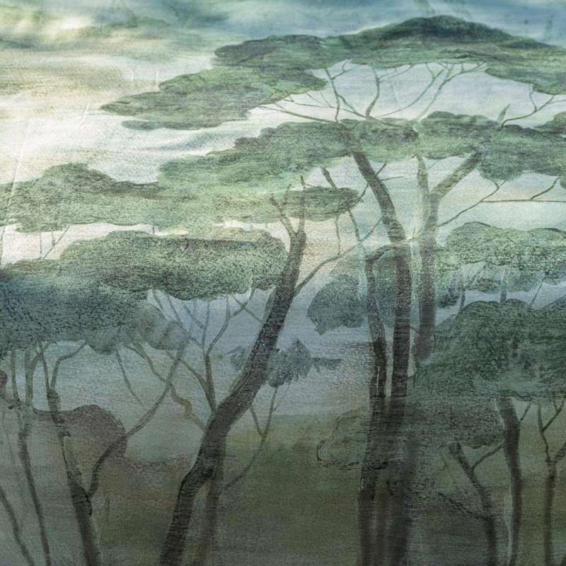 Trapunta invernale matrimoniale Fazzini Nemora, in raso di cotone. Dettaglio fantasia verde con alberi stile acquerello.