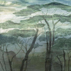 Trapunta invernale matrimoniale Fazzini Nemora, in raso di cotone. Dettaglio fantasia verde con alberi stile acquerello.