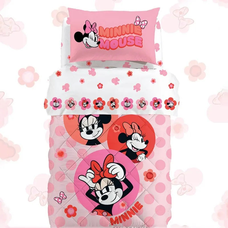 Trapunta invernale Caleffi Disney Minnie Flowers in cotone. fantasia con Minnie su fondo rosa.