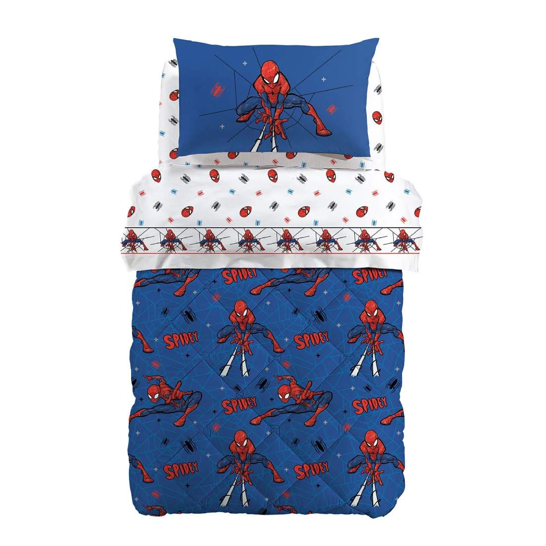 Trapunta invernale Caleffi Disney Spiderman Spidey in puro cotone. Disponibile nella misura per letto singolo e piazza e mezza. Piumone fantasia con Spiderman su fondo blu. Ideale per i tuoi bambini e ragazzi.