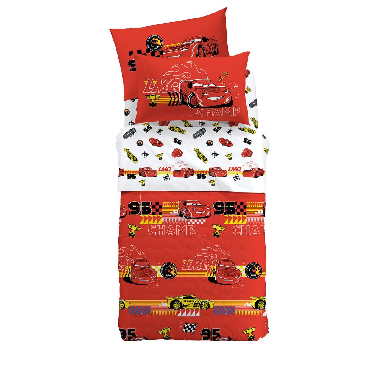 Trapuntino Caleffi Disney Cars 95. Fantasia con le macchine su fondo rosso. Ideale per bambini e ragazzi.