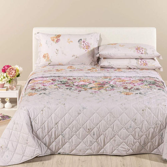 Trapuntino Ikebana Caleffi. Fantasia con fascia di fiori rosa e ocra su fondo beige